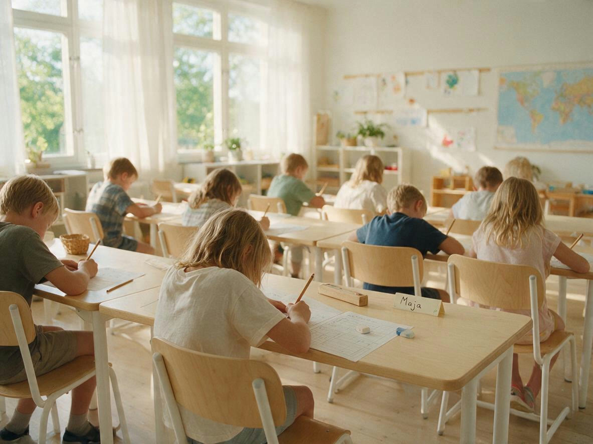 Barn skriver med penna på papper i ett soligt klassrum