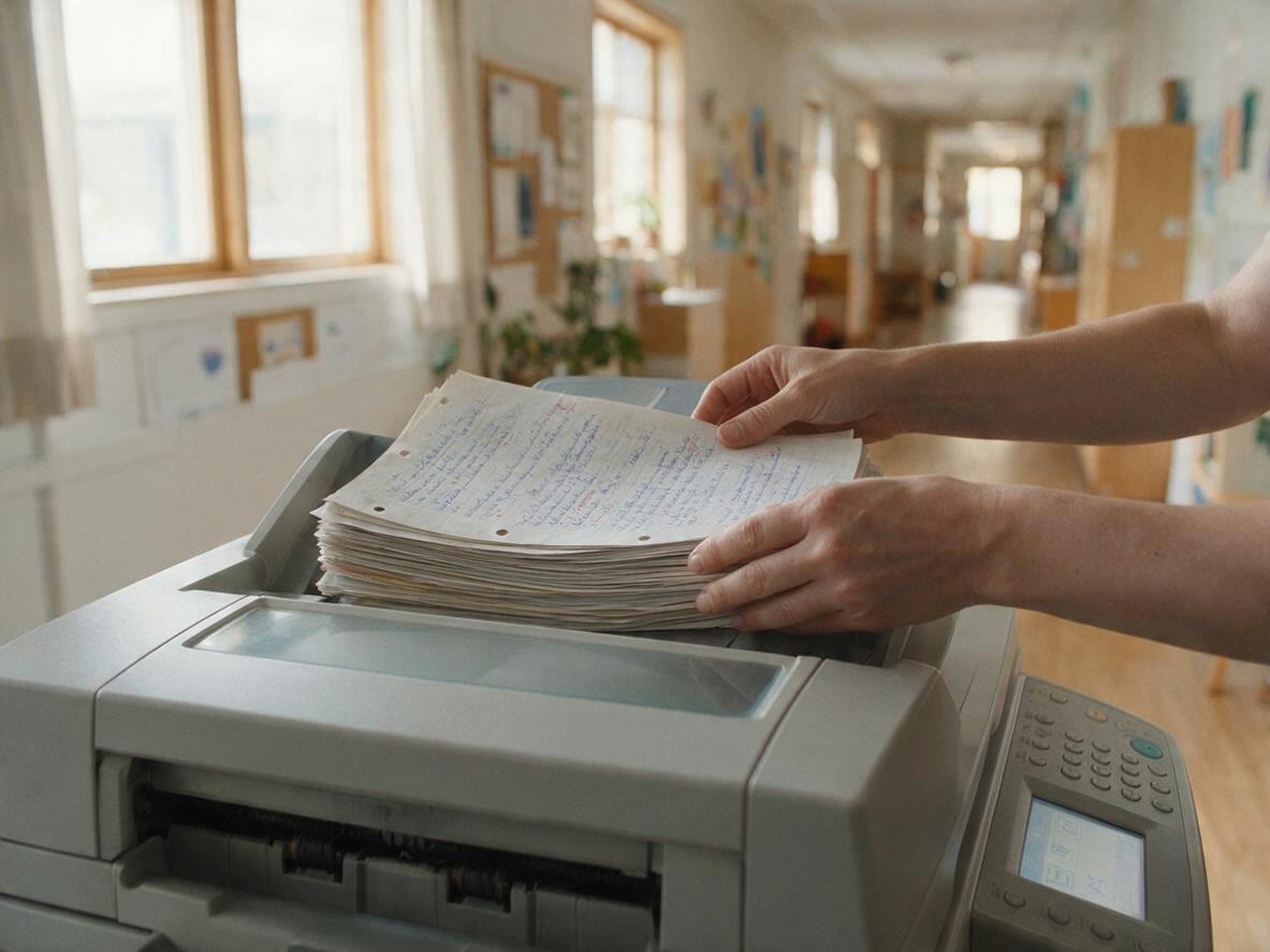 Händer lägger en bunt elevblad i kopiatorns arkmatare