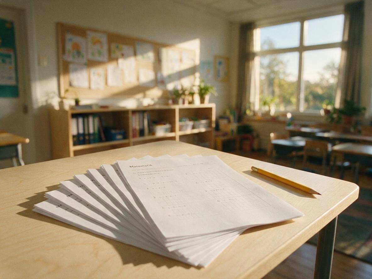 Nya arbetsblad ligger klara på lärarens skrivbord i morgonljus
