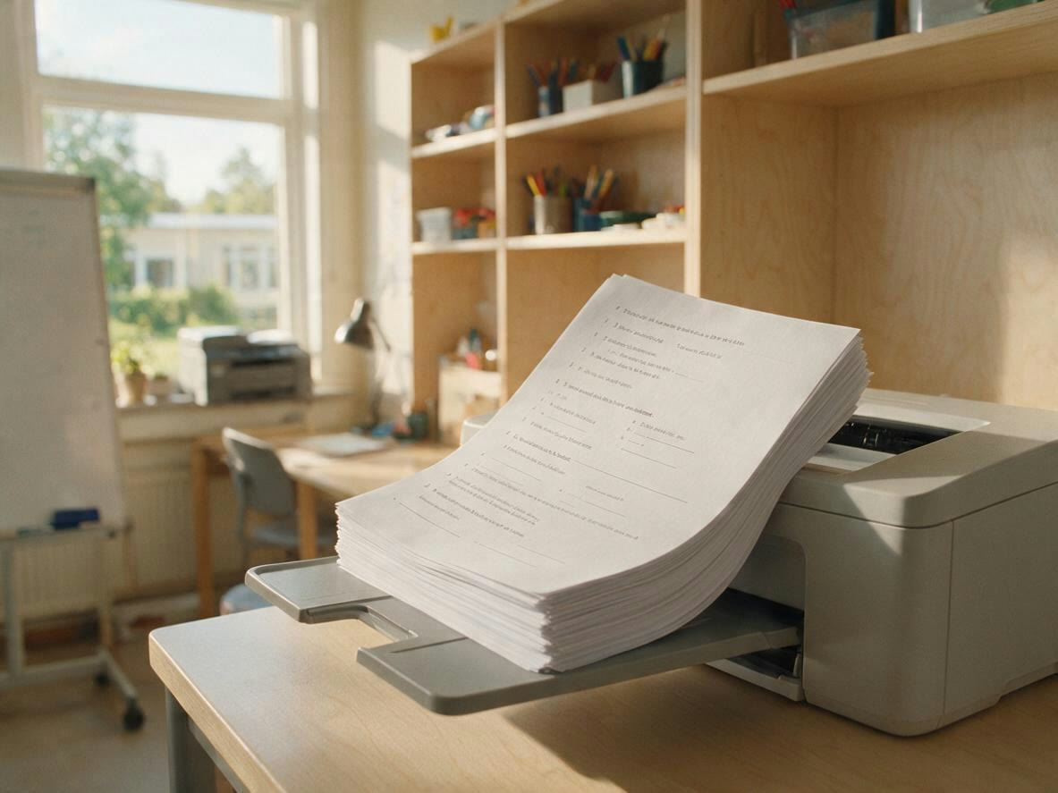Nyutskrivna arbetsblad i skrivarens utmatningsfack