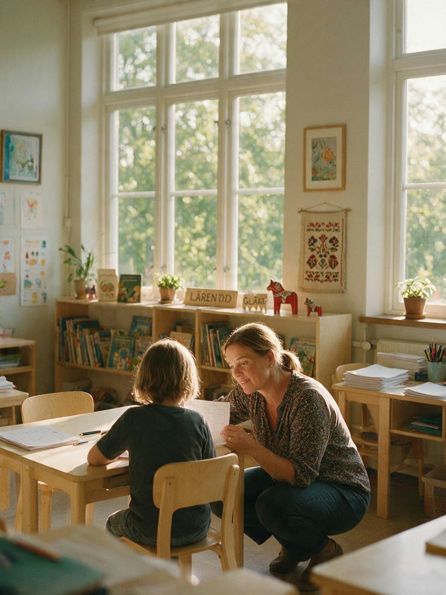 En lärare på huk bredvid ett barn vid en bänk i varmt fönsterljus